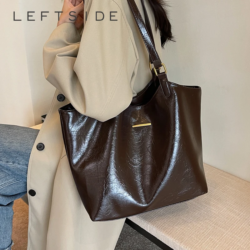 

LEFTSIDE Big Shoulder Bags for Women Large Capacity Tote Bag 2023 Winter Vintage Solid Color Zipper Leather Travel Retro Handbag