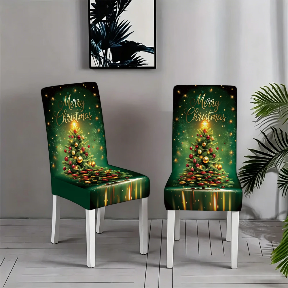 Dark Green Merry Christmas Golden Letter Christmas Tree Bauble Back Print Dining Chair Slipcover Stretch Xmas Chair Cover