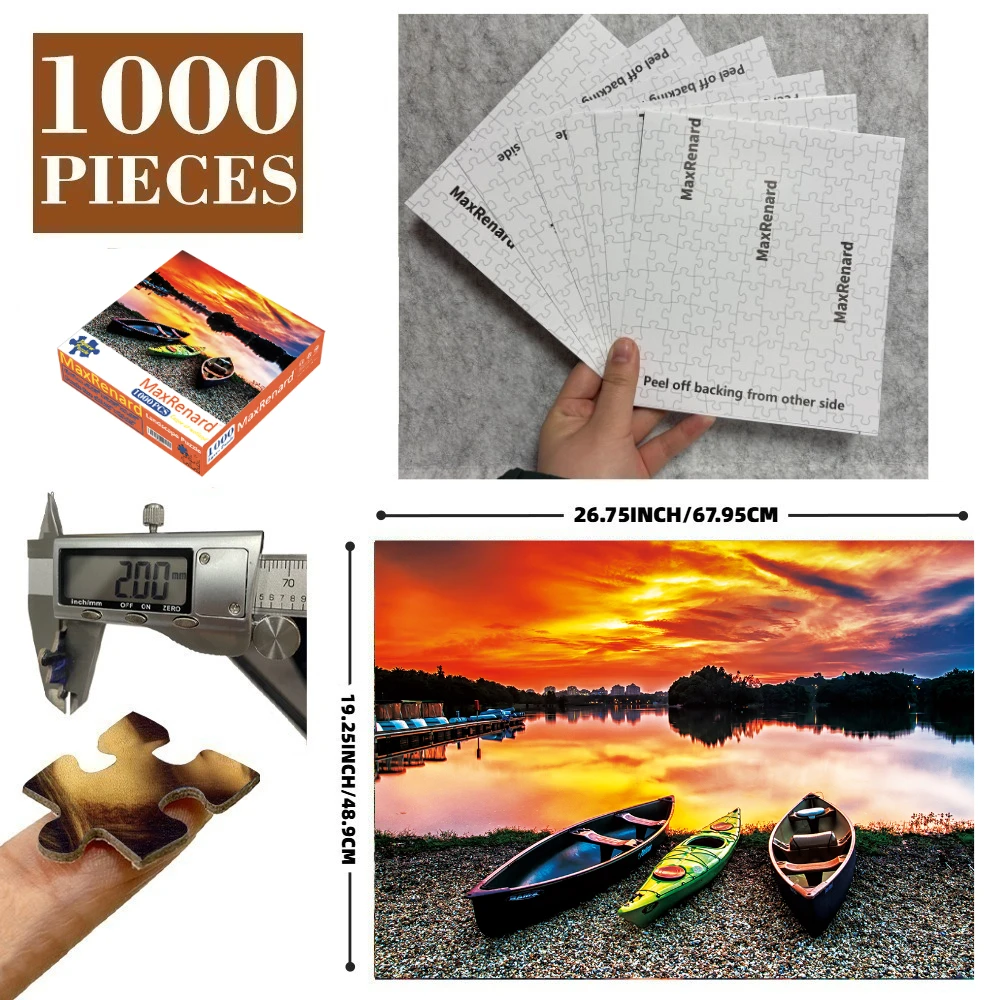 PUZZLE SET: 1000 Pieces Cardboard Wetland Canoe Landscape Jigsaw Puzzle With 6 Self-Adhesive Back Stickers & 2 PET Hooks
