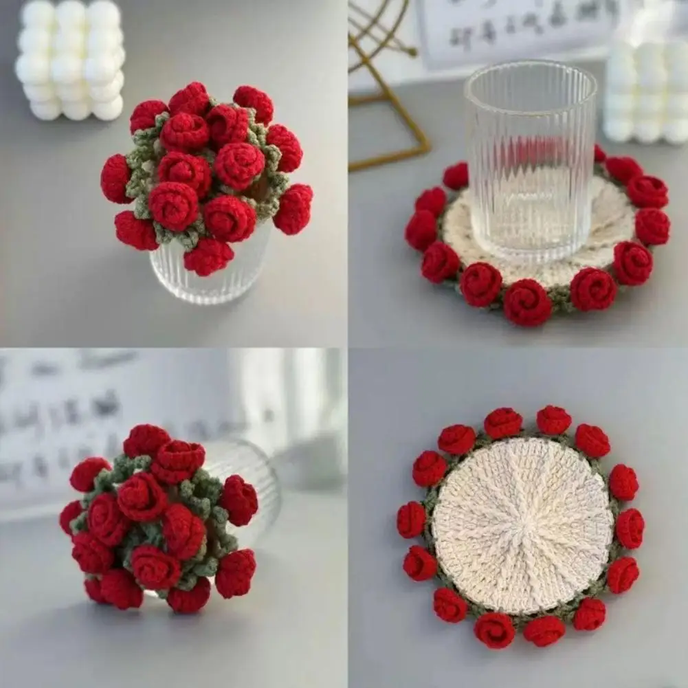 Posavasos tejidos a mano con girasoles, posavasos con ramo de rosas, mantel individual con flores de ganchillo, plantillas bordadas tejidas a mano, regalo para el día de la madre