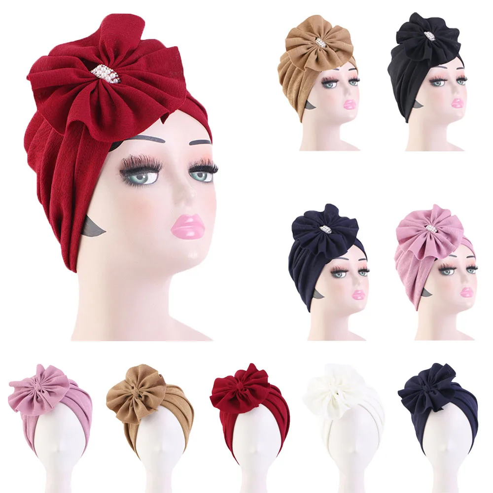 Big Flower Turban Bonnet Fashion Hijabs Beading Women's Head Wraps African Auto Gele Headties Muslim Headscarf Caps Chemo Caps