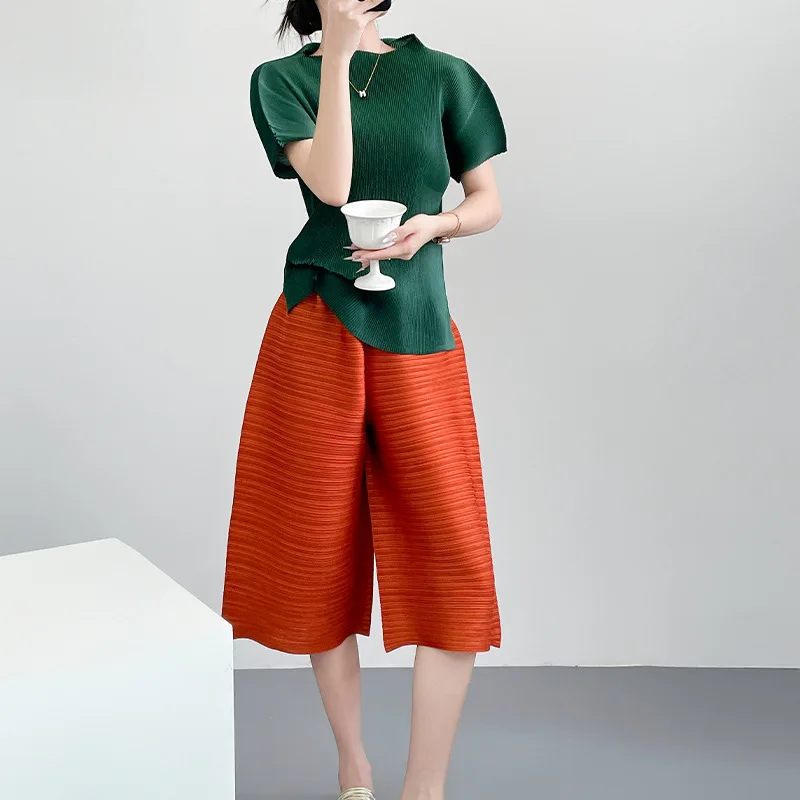 Miyake Pleated 2025 Summer Outfit New Spring Pants Casual Pants Pleated Clothes Solid Color Loose Plus Size Seven Quarter Pants