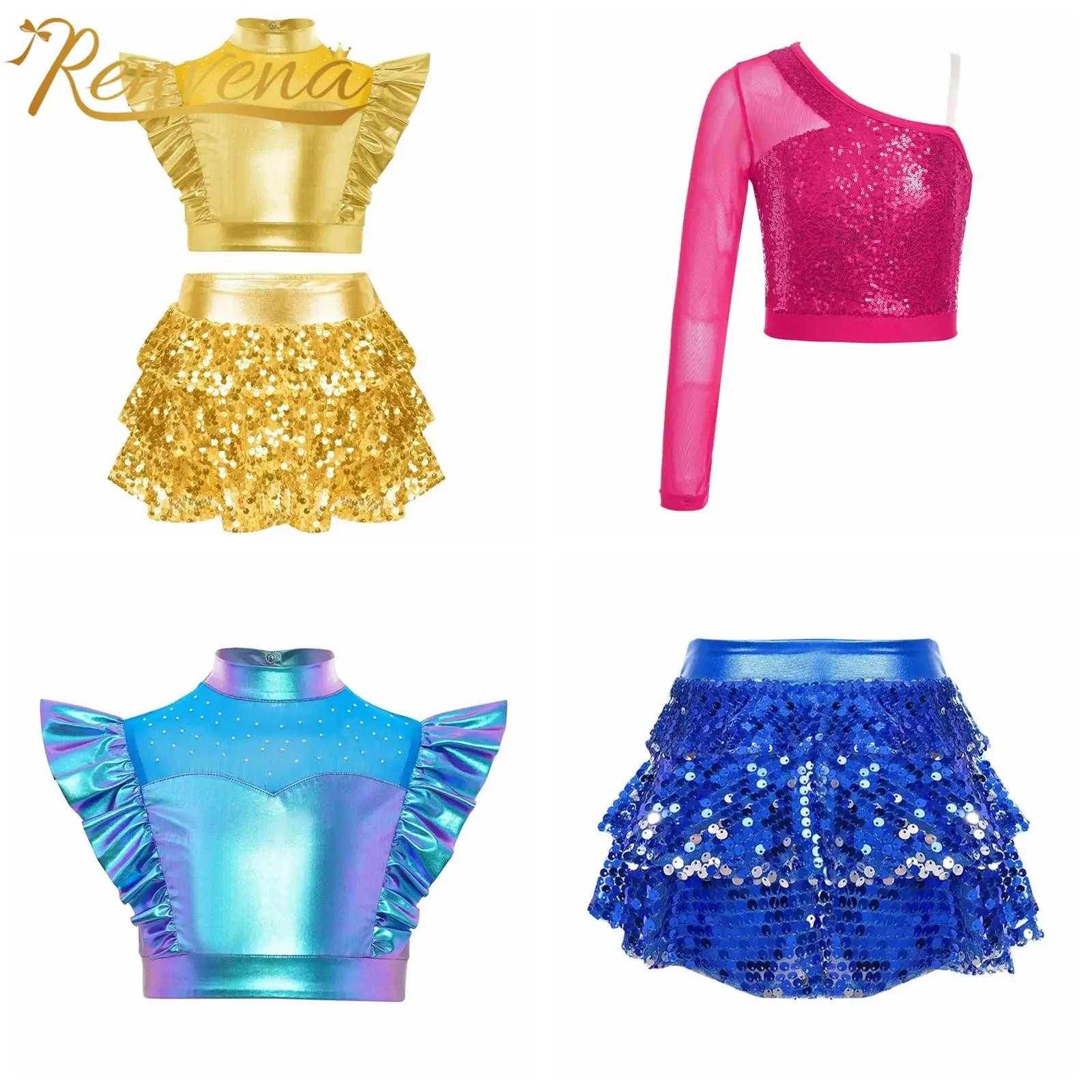 Kids Hip-hop Costumes Girls Disco Rave Jazz Dance Outfit Children Modern Ballet Dance Tops Metallic Shiny Sequins Skirts Suits