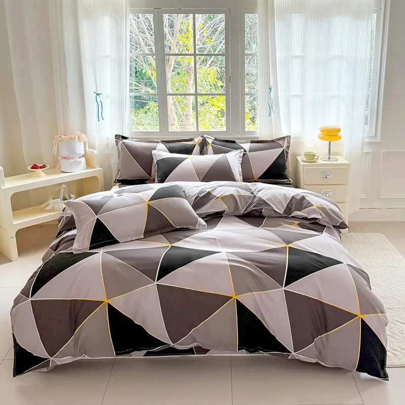 4pcs Grey Tone Triangle Geometric Bedding Set Soft Breathable Bed Linen with Duvet Cover Pillowcases Sheet, Full/Queen/King Size