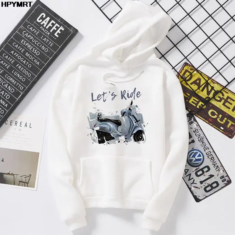 

2022 Fashion Spring Autumn women Tops pocket hoodie Cartoon motorcycle graphics printed comfortable Casual Sweatshirt let's ride