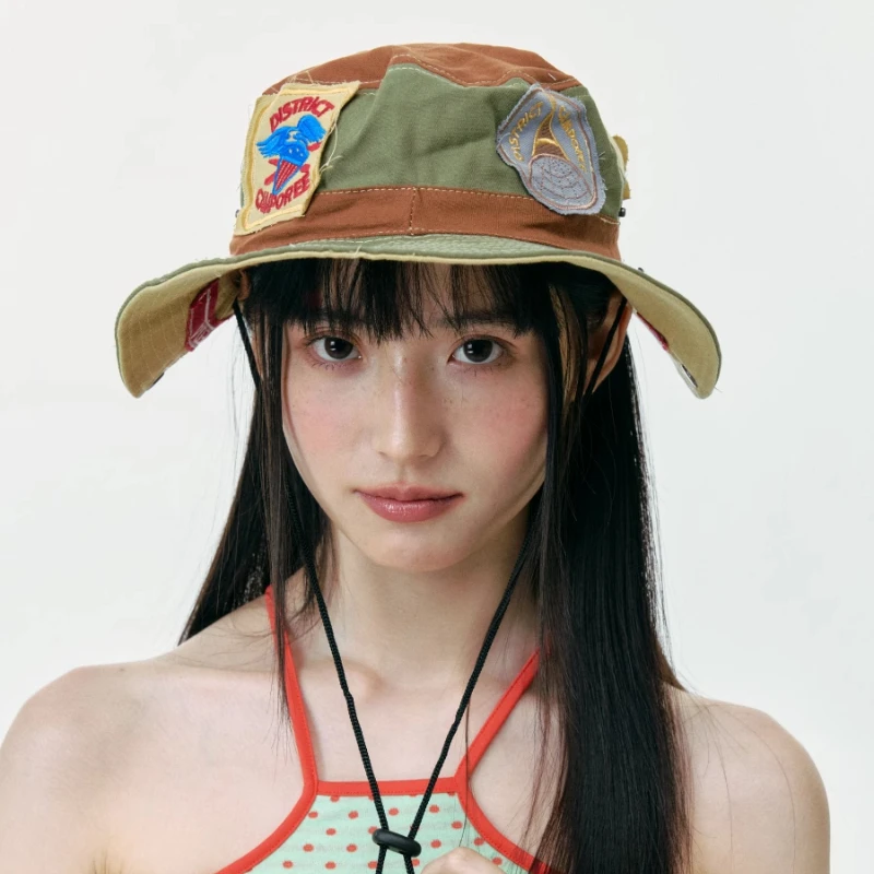 

Retro personalized patch splicing bucket hats for women summer outdoor camping sun protection leisure western cowboy caps men