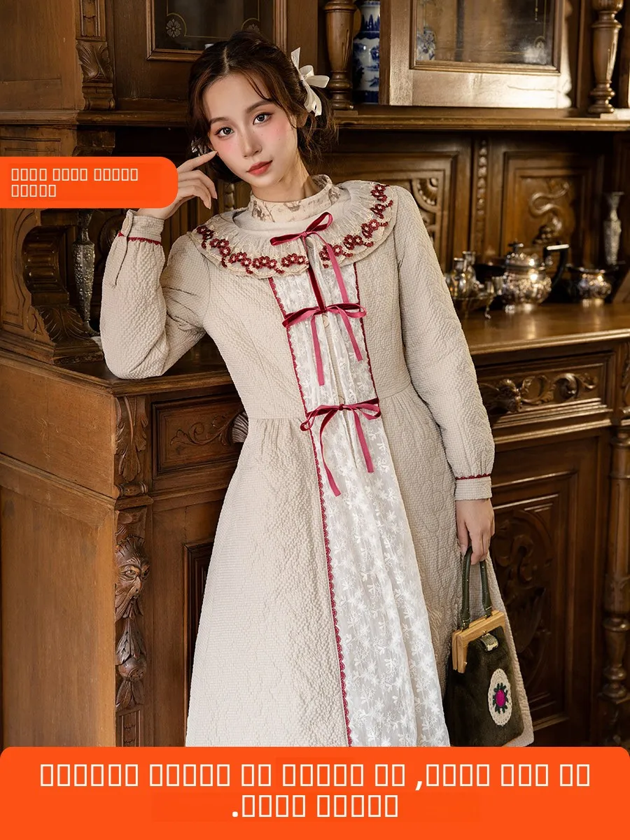 

Ele Embroidered Long Dr with Lace Trim Cotton Filled Winter Faionable Belted Velvet Skirt for Women X-ape Silhouette