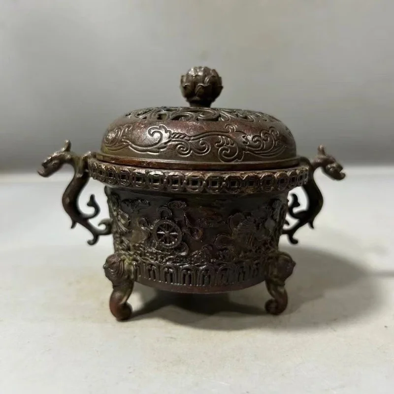 Old Auspicious Eight Treasure Incense Burner Double Dragon Handles Tripod Legs With Openwork Lid Chinese Censer Interior Decor