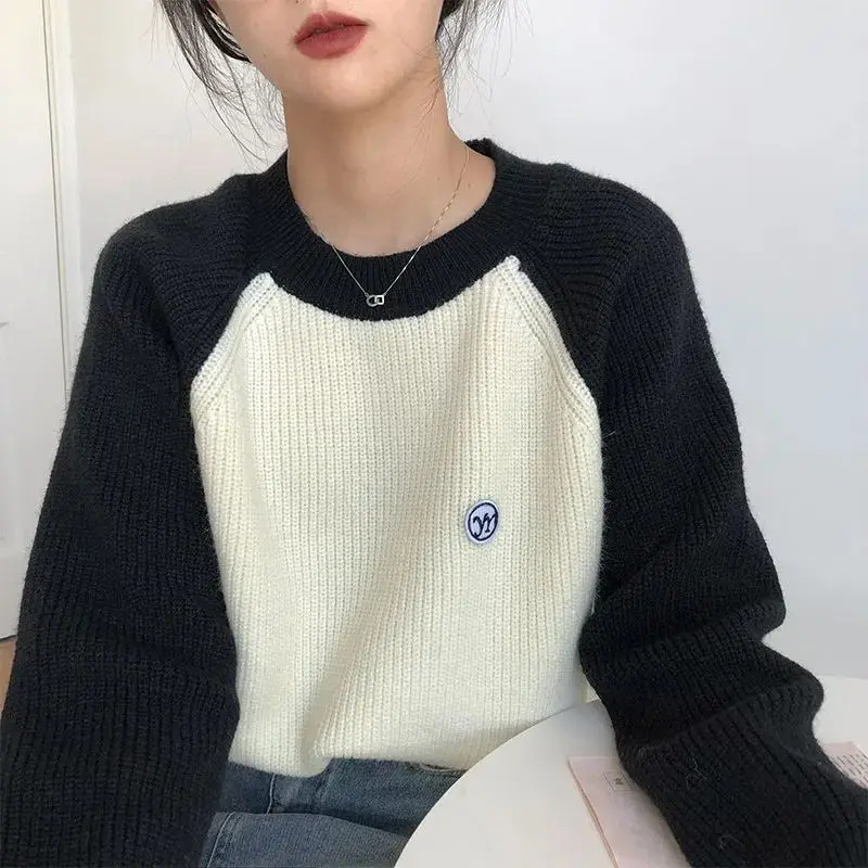 Casual Contrasting Colors Spliced Sweaters Women's Clothing Knitted Long Sleeve Autumn Winter Korean O-Neck Loose Basic Jumpers