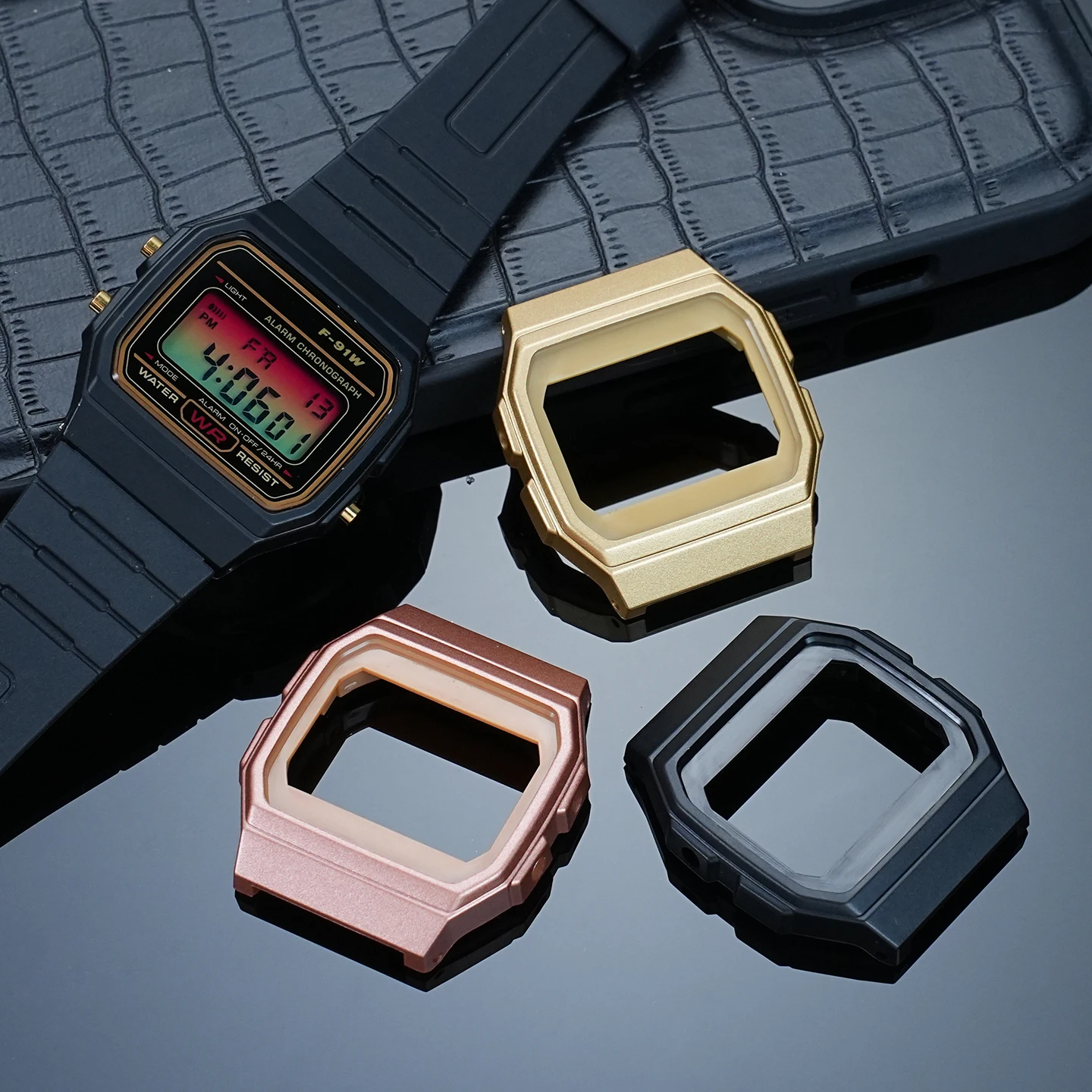 Acessórios de relógio terno modificado + ferramenta para casio f91w F-91W-1 série caso mod kit resina borracha moldura relógio caso preto ouro rosa