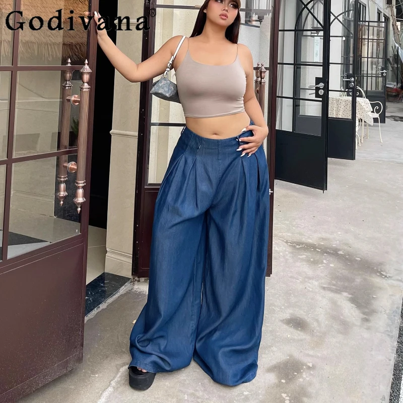

Women Summer Large Size Loose High Waist Straight Leisure Jeans Dark Blue Street Tall Girl Simple Versatile Wide Leg Trousers