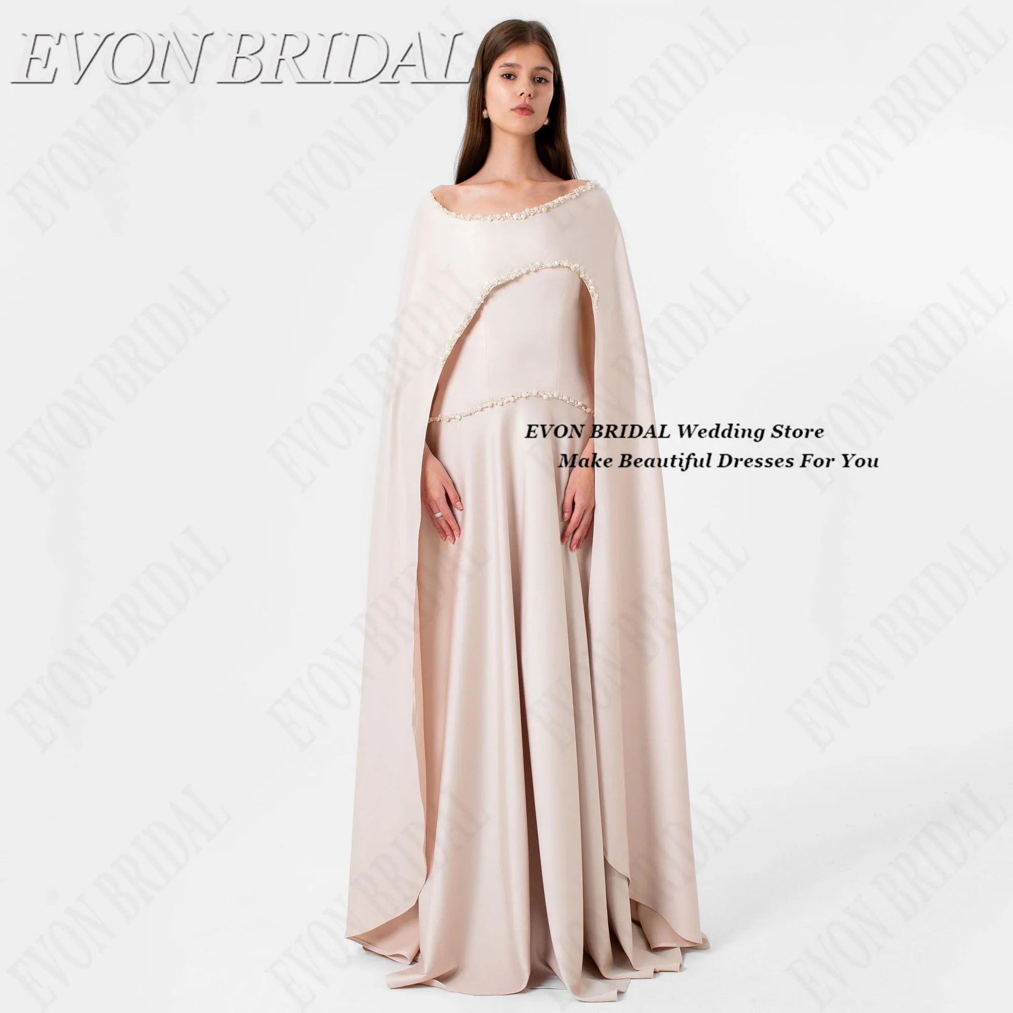 

Beading Elegant Party Dress A-line Pearl Cape Sleeve Evening Dress For Women Floor Length Simple فساتين سهرات Customi