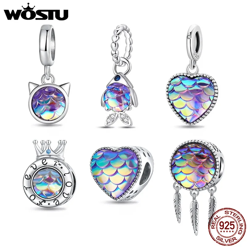 WOSTU 100% 925 Sterling Silver Blue Purple Fish Charms Beads Heart Pendants Fit Original DIY Bracelet Necklace Jewelry for Women