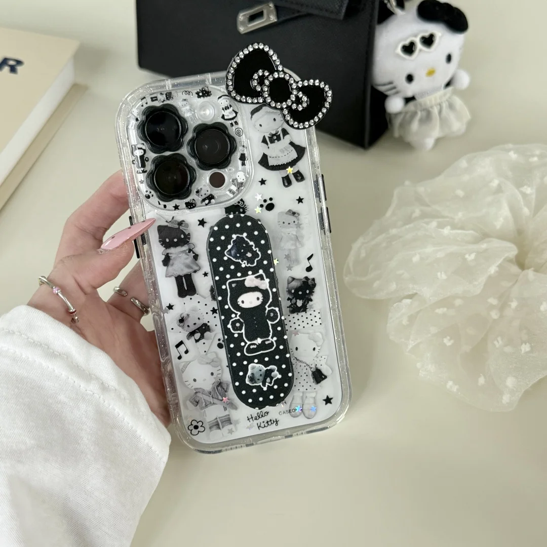 

Super Cool Black style Hello Kitty Cat Kawaii Creative stand Phone Case For iPhone 16 15 14 13 Pro Max XS Y2K Lovely Lucky Cover