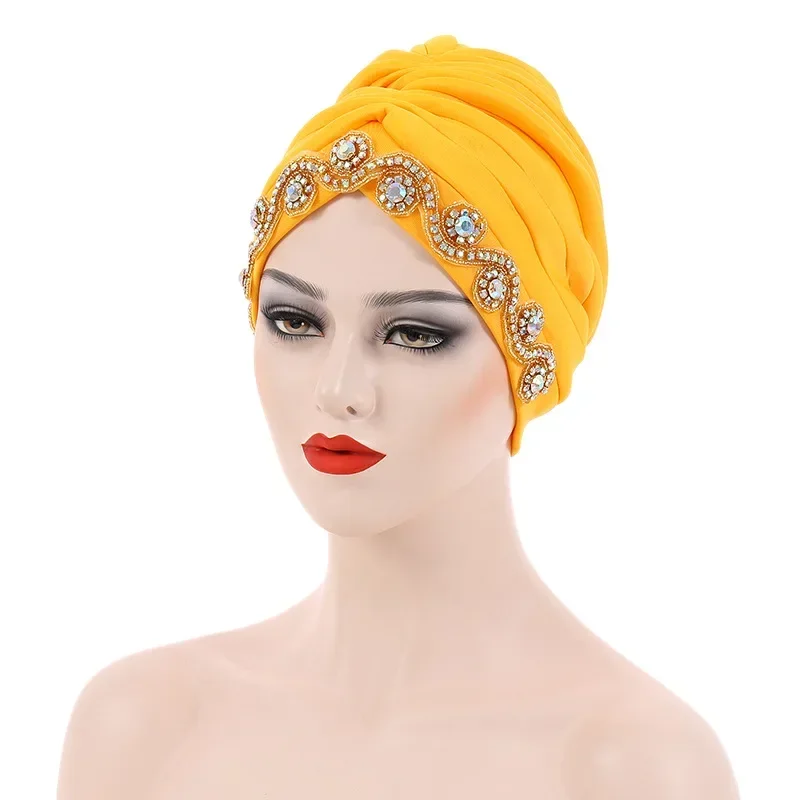 

Latest African Headtie Muslim Turban Auto Gele Women Hat Dradped Diamonds Bonnet Head Wrap Nigeria Headtie Hijab Chemo Cap Mujer