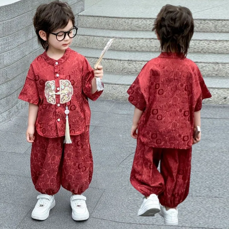 

2026 New Chinese Boys/Girls' Hanfu Tang Costume Children's Retro Short SleevedTop Pants 2-piece Set Performance Costume LJ697