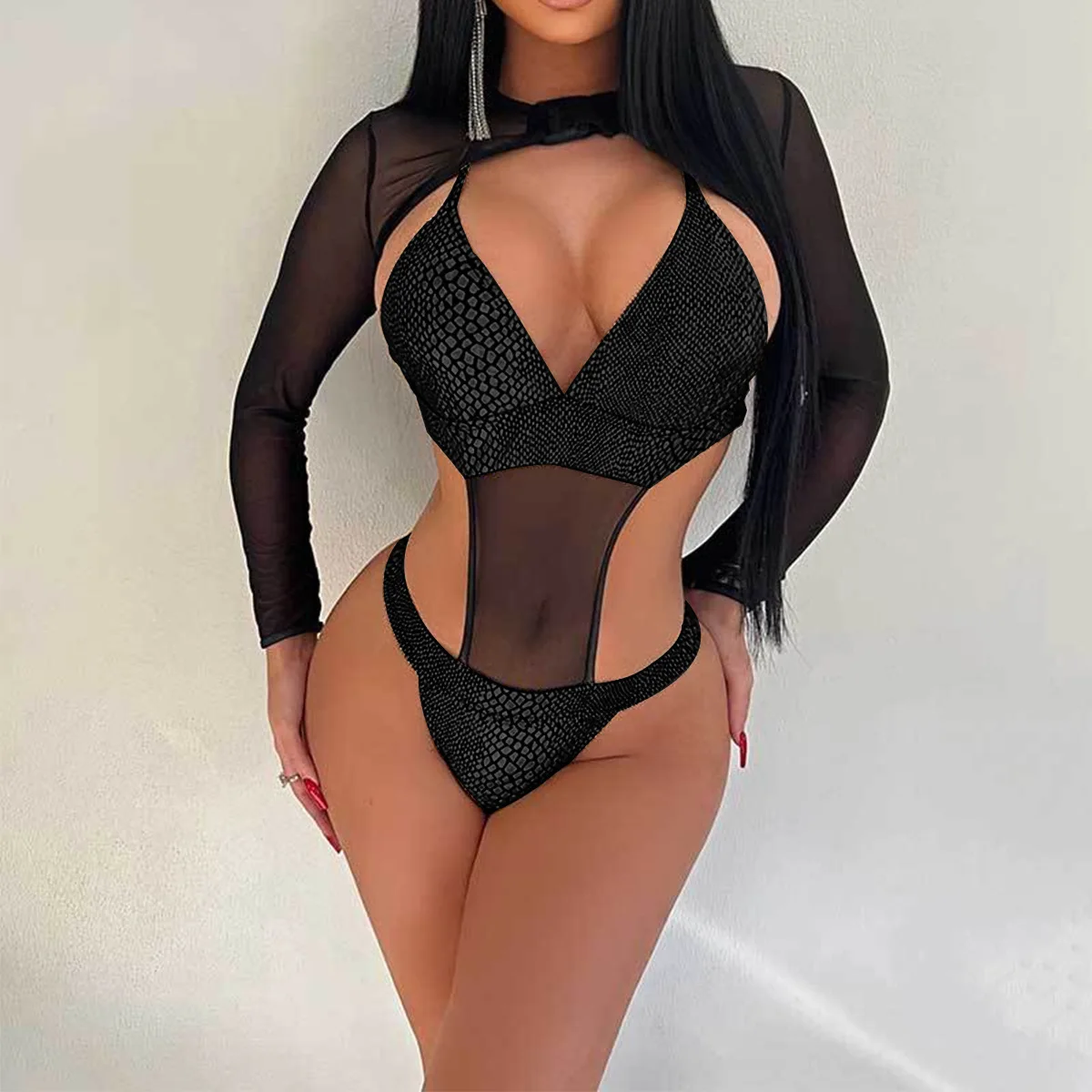 

2024 New Sexy One Piece Swimsuit With Long Sleeve Shirt Monokini Swimwear for Women Patchwork Bathing Suit