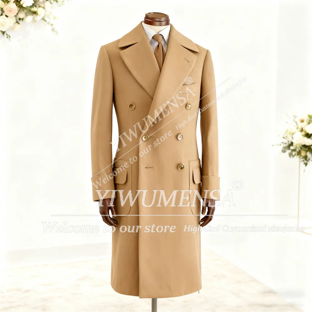 

Classic Man Suit Jackets Tweed Woolen Blend Coat Long Double Breasted Men's Overcoat Wedding Groom Attire Outfits Customized
