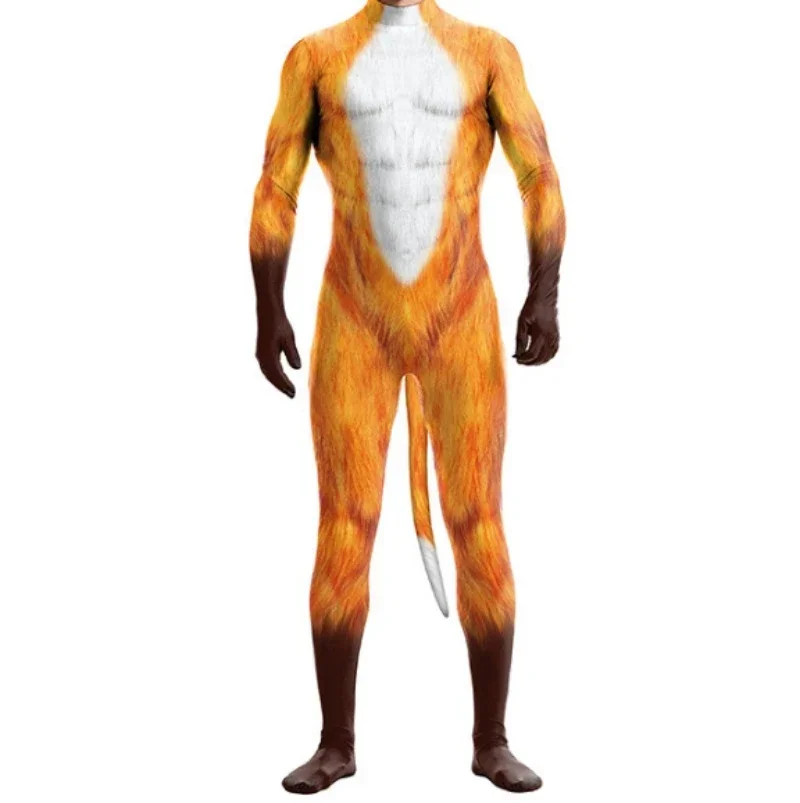 Disfraces de Halloween para hombres y mujeres con estampado 3D, traje de Carnaval de animales con cola en la entrepierna, monos con cremallera, Catsuit, trajes Zentai