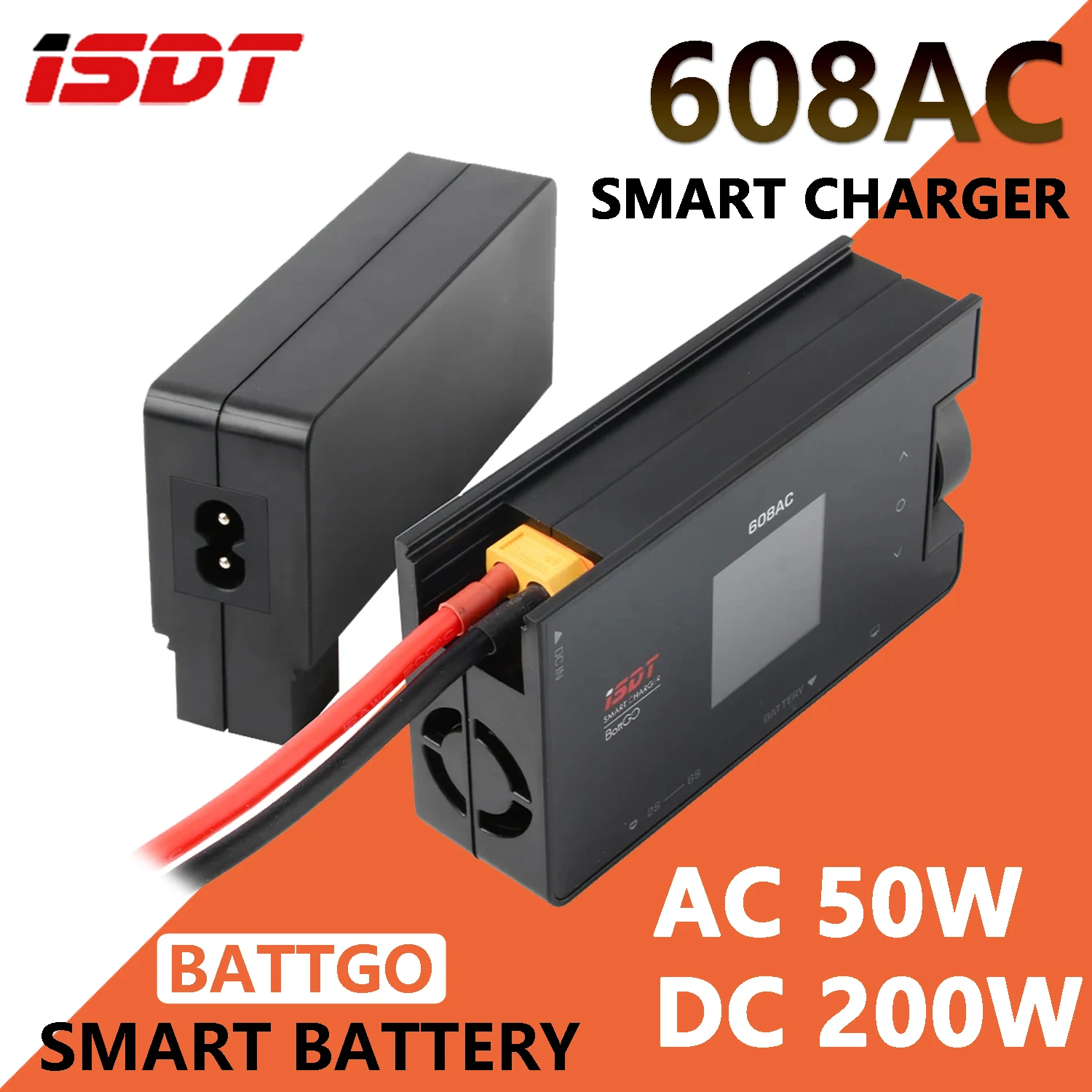 ISDT 608AC AC 50W DC 200W Caricatore/scaricatore a bilanciamento rapido Batteria intelligente BattGo con alimentatore staccabile per LiFe LiPo Lilon
