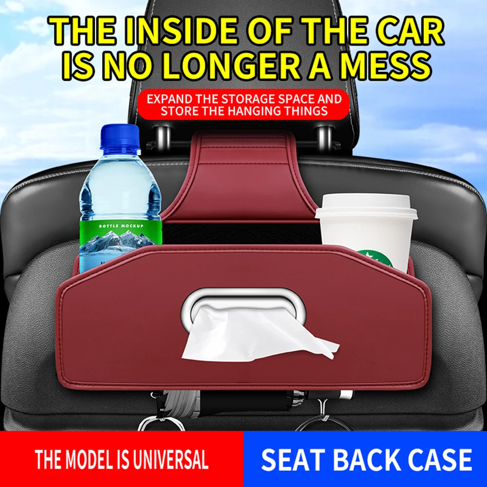 

Multifunctional Practical PU Car Seat Back Storage Bag Tissue Box with Hooks Foldable Car Rear Seat Phone Holder Cup Holder