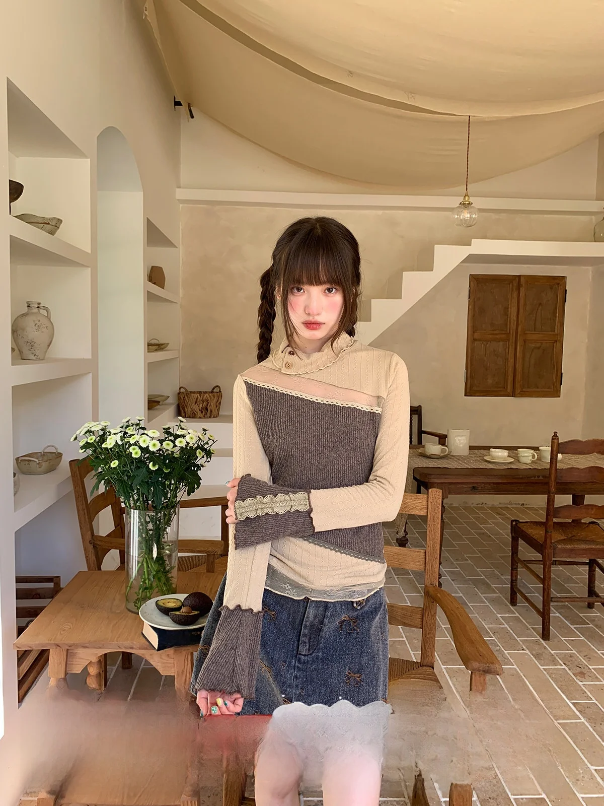 

Женская вязаная кофта Cheese Day с высоким воротником, расклешенными рукавами, в стиле колор-блок, осенняя, модная, для повседневной носки, из полиэфирного волокна