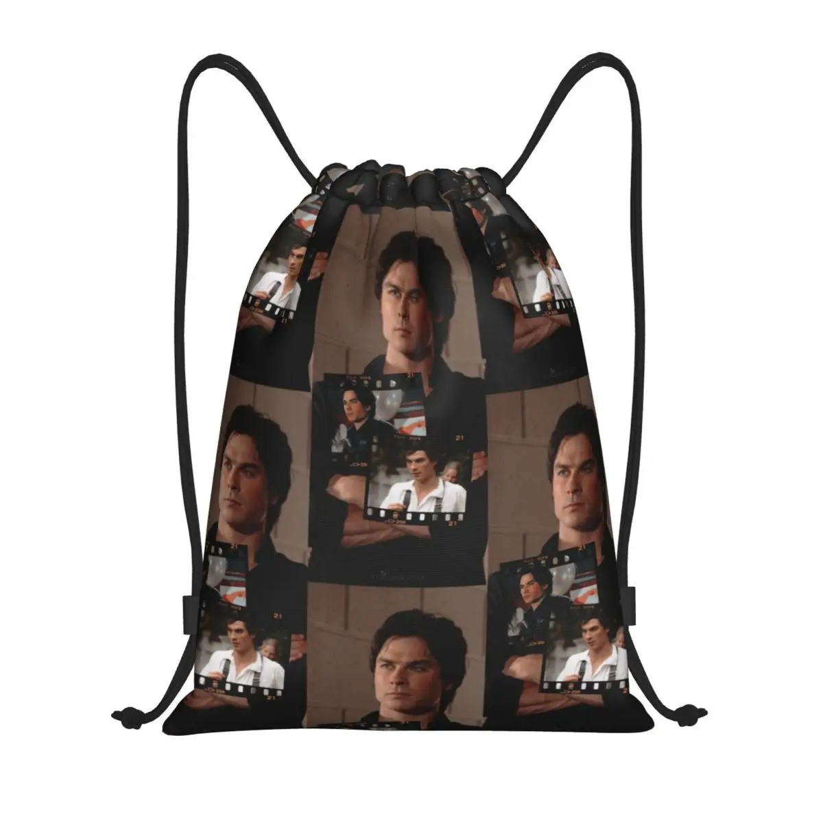 The Vampire Diaries Damon Salvatore Collage Drawstring Backpack Bags Lightweight Fantasy Film Gym Sports Sackpack Sacks Training