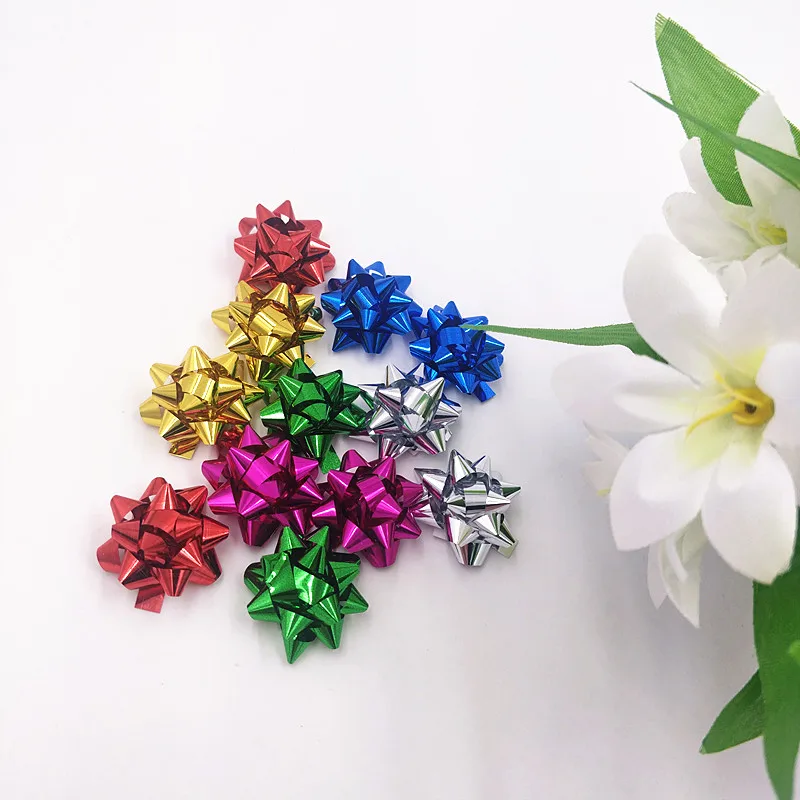 100pcs/2.5cm Mini Colorful 3D Star Flower Decorations DIY Self-adhesive Ribbon Bows Paper Gift Wrapping for Christmas Wedding