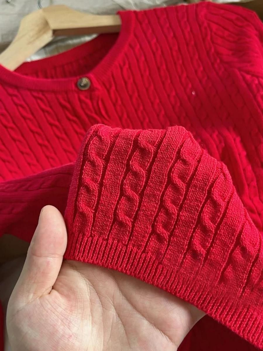 New Red Twist flower Knitted Sweater Cardigan O-Neck Single Breasted Long Sleeve Slim Coat Vintage Streetwear Simple Crop Top