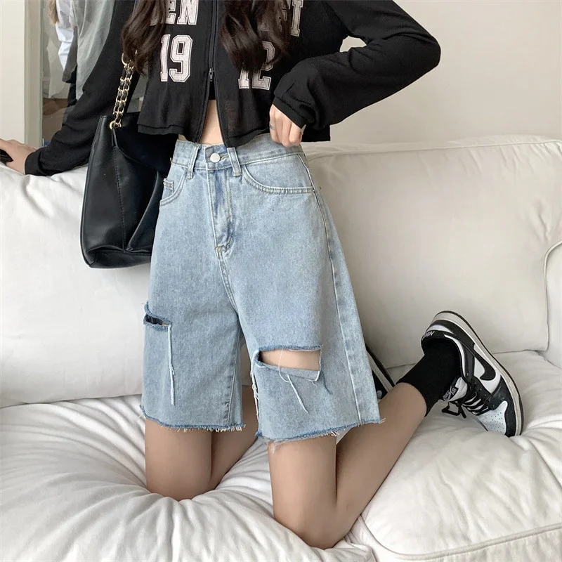 

High Waist Distred Denim orts Women's Summer Slimming plus Size Trendy Cotton Blend Straight Leg Five-Quarter Length