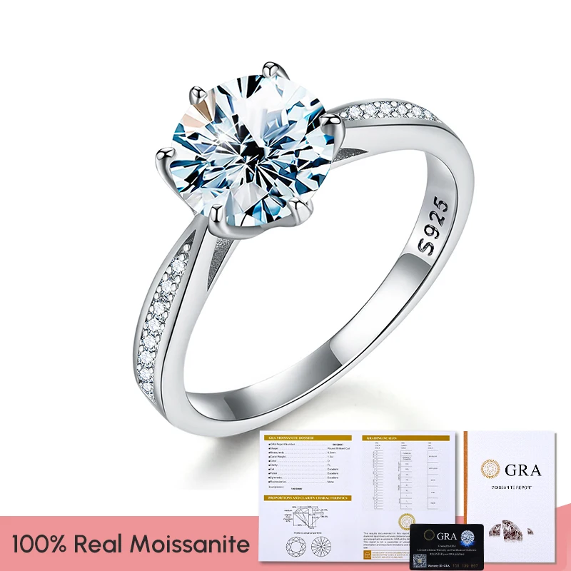 GRA Real 0.5-2CT Moissanite Diamond Rings for Women Wedding Engagement 925 Sterling Silver Original Luxury Gemstone Fine Jewelry