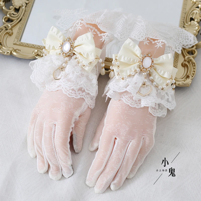 Guantes calados de encaje dulce para niñas, guantes finos de malla para ceremonia para mujeres, guantes sexis Punk Lolita