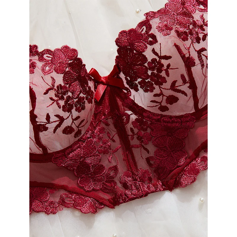 Сексуальное женское белье, красный сетчатый бюстгальтер и трусики, комплект с цветочной вышивкой, прозрачное нижнее белье, женский эротический комплект с 3 точками, романтическое горячее нижнее белье