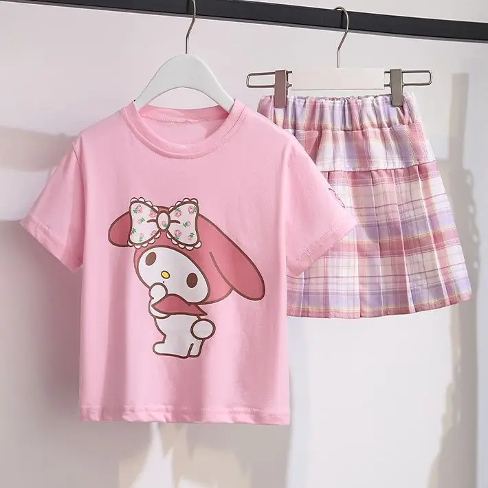 2024 Sanrio Girls Jk Set Hello Kitty Cinnamoroll Kuromi gonna Summer Dress Ildren Cartoon t-shirt a maniche corte Set di due pezzi