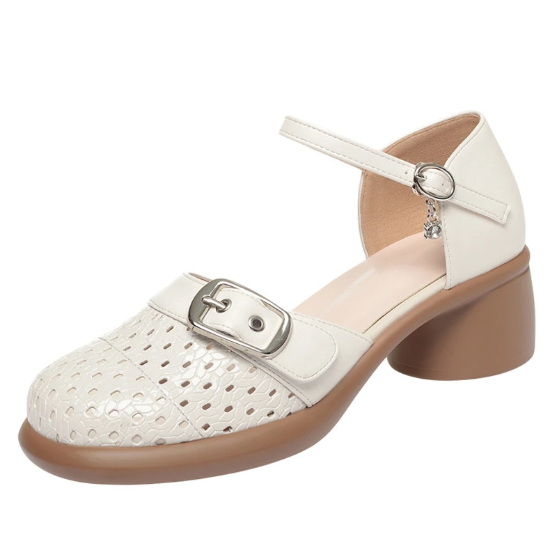 أحذية نسائية مجوفة كعب سميك بطانة واحدة أحذية صيفية فردية متعددة الاستخدامات صنادل نسائية مضفرة بمقدمة مجوفة موضة أنيقة