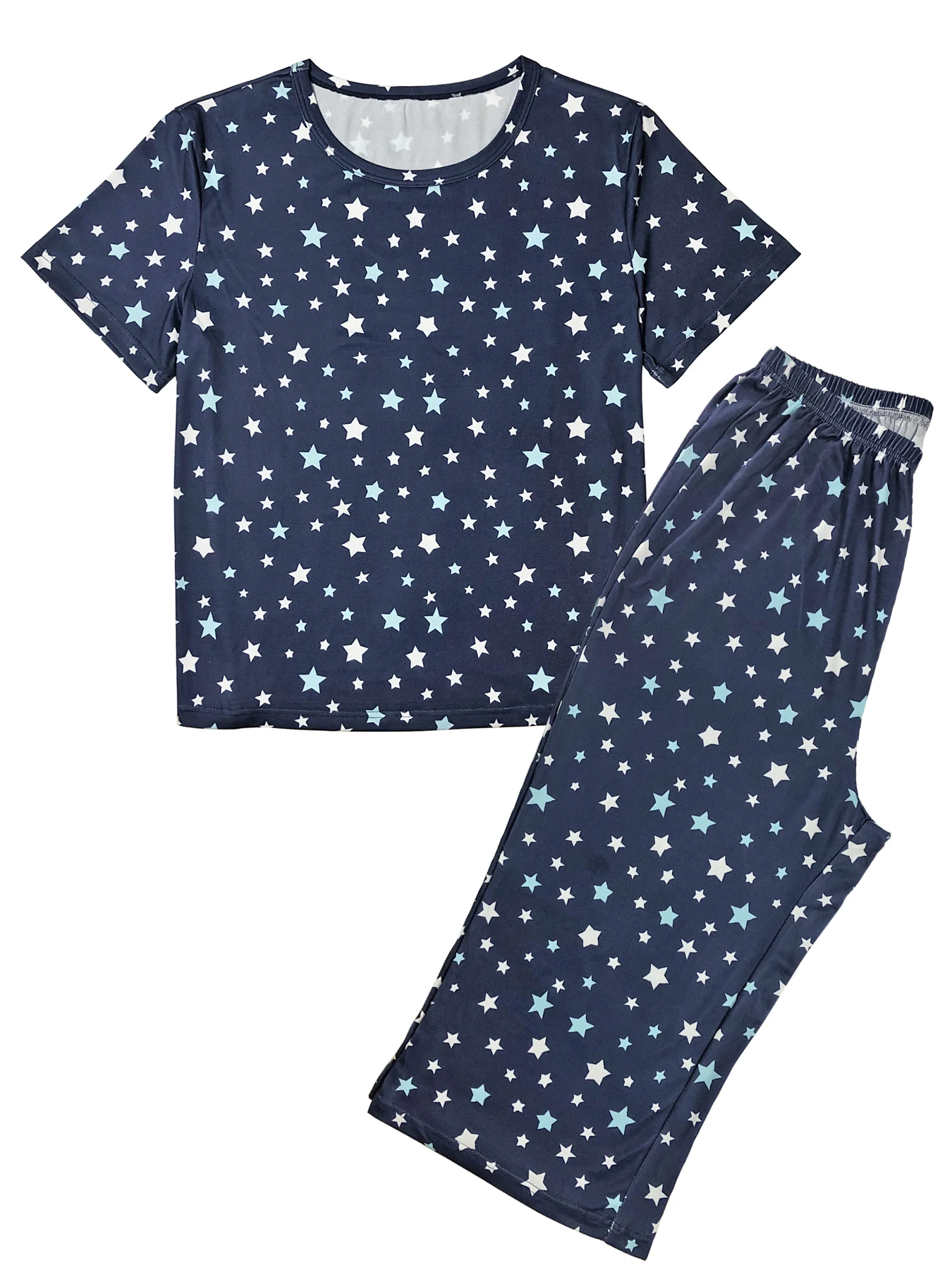 Women Pajama Set Casual Allover Star Print Cozy Short Sleeve Round Neck Top Capri Pants Summer Garment Women\'s Sleepwear