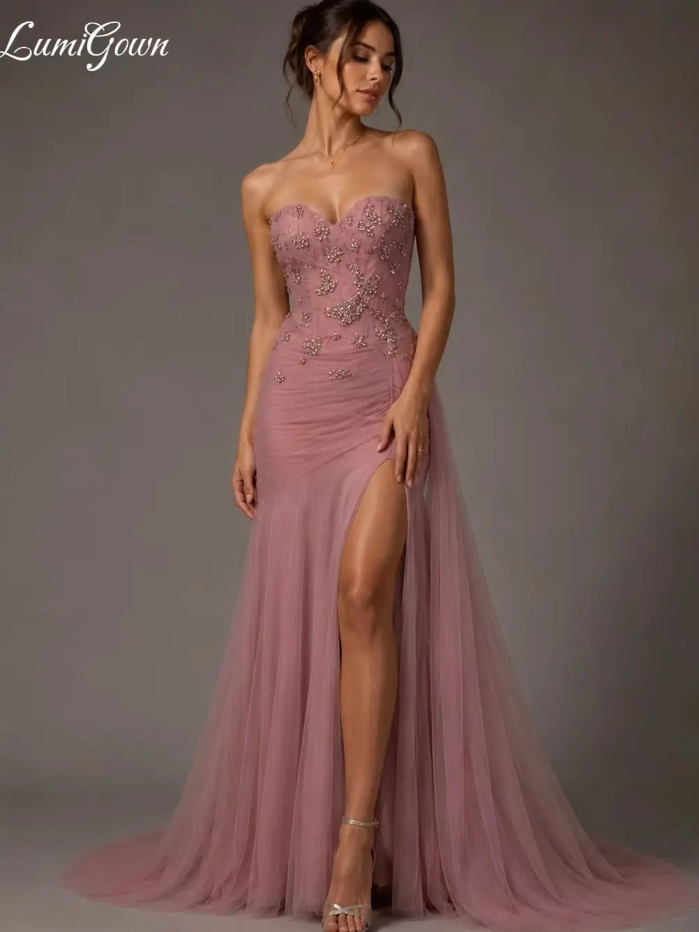 LumiGown Custom Dusty Pink Strapless Tulle Mermaid Evening Dress Beaded Corset High Slit Ruched Guest Wedding Gown