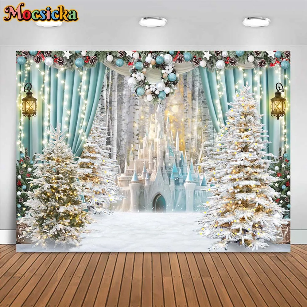 

Mocsicka Winter Backdrop Outdoor Forest Castle Christmas Tree Snow Xmas Party Decor Girl Princess Photo Backgrounds Studio Props