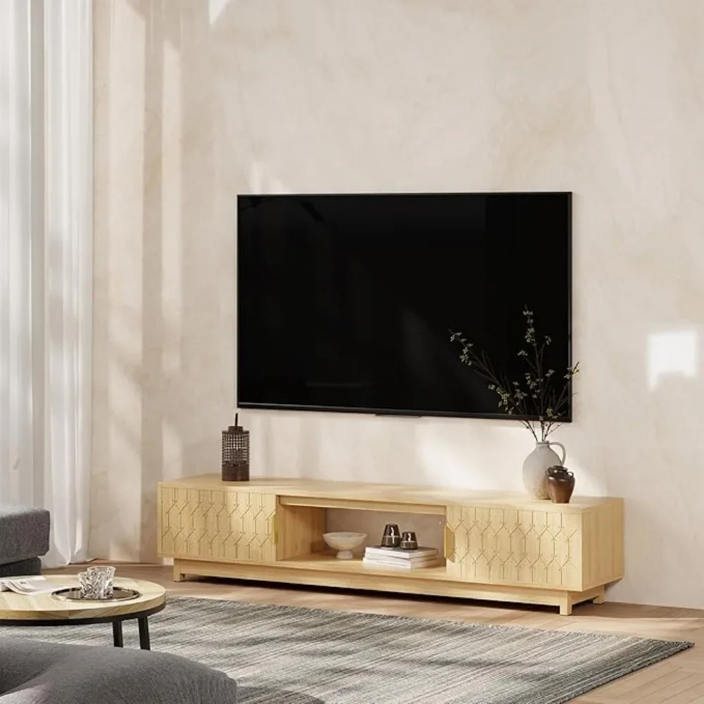 Modern TV Stand for TV up to 80/75/70/65 Inch, Entertainment Center with 2 Cabinets,  for Living Room, Natural