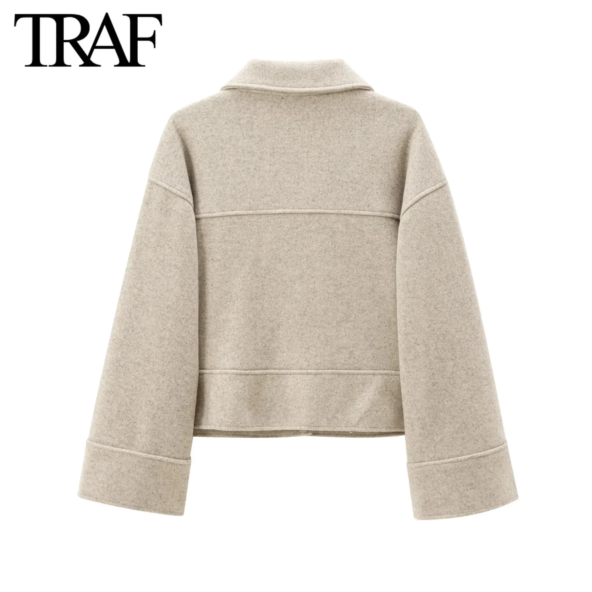 TRAF Women Fashion Autumn Winter Pocket New Loose Coat Jacket Long Sleeved Single Breasted Lapel Coats Chic Ladies Tops Mujer