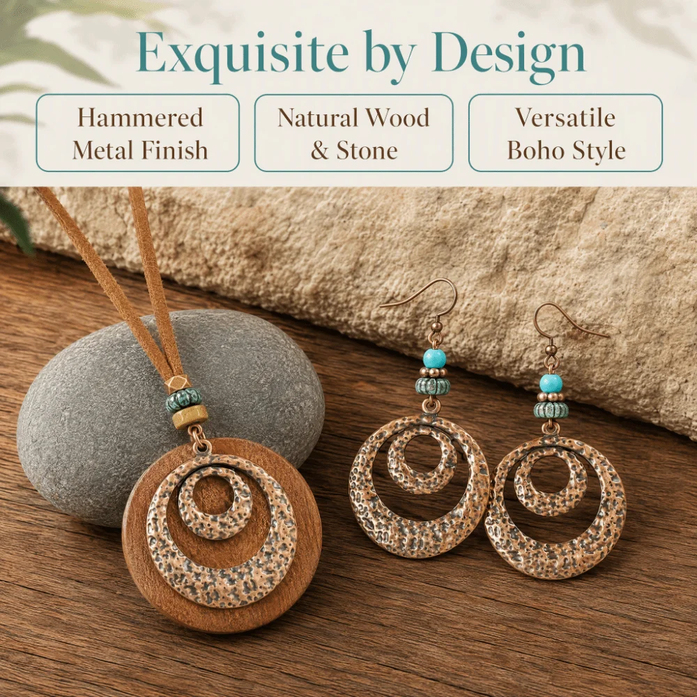Alloy Geometric Jewelry Set Vintage Distressed Finish Geometric Shape Earrings Set Wood Retro Style Women Pendant Party Wear