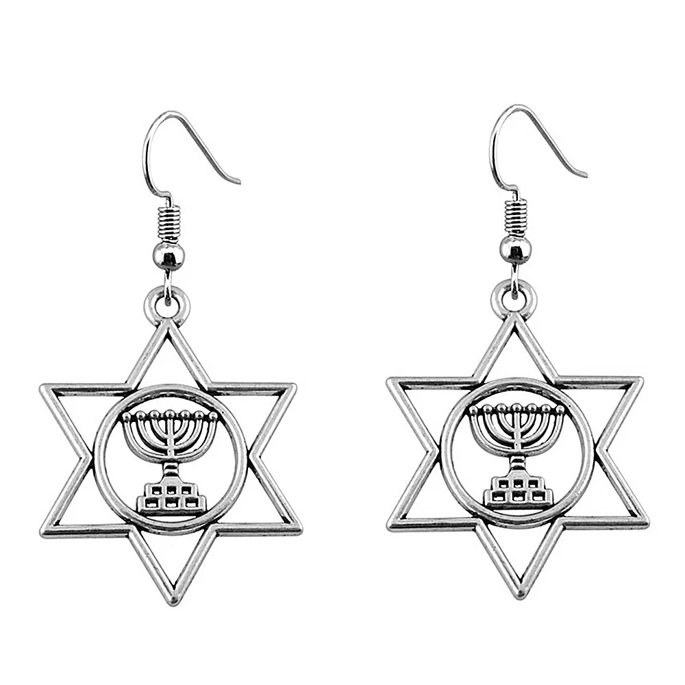 Vintage Candlestick Star Of David Menorah Earring Women Retro Silver Color Hanukkah Brincos Religious Jewish Jewelry Party Gift