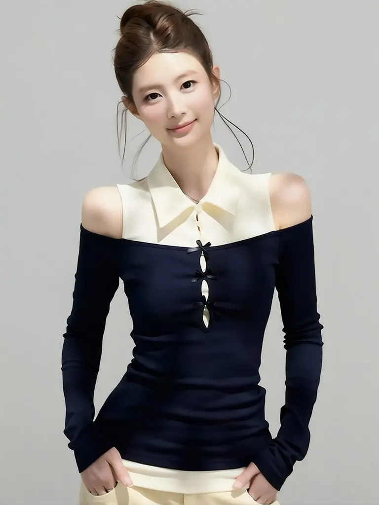 Sexy Elegant Polo Neck Women Off Shoulder Top Sweet Layered T Shirt Slim Casual Basic Tees Long Sleeve T Shirt Fake Two-pieces