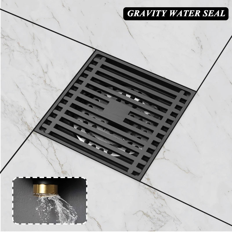 Black Golden Bathroom Square Shower Drain Brass Floor Drainer Trap Waste Grate Cover Hair Strainer Floor Water Drainage 4 Inch