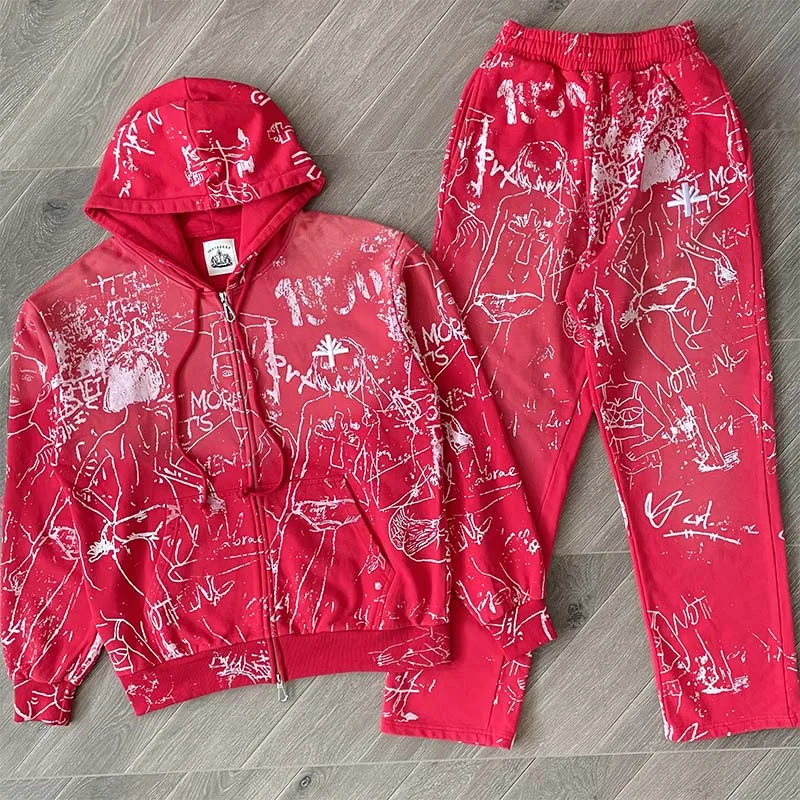 

Street Style Washed Embroidered Straight Leg Drawstring Casual Pants Hoodie Set Youth Cotton Long Sleeve Autumn Wear