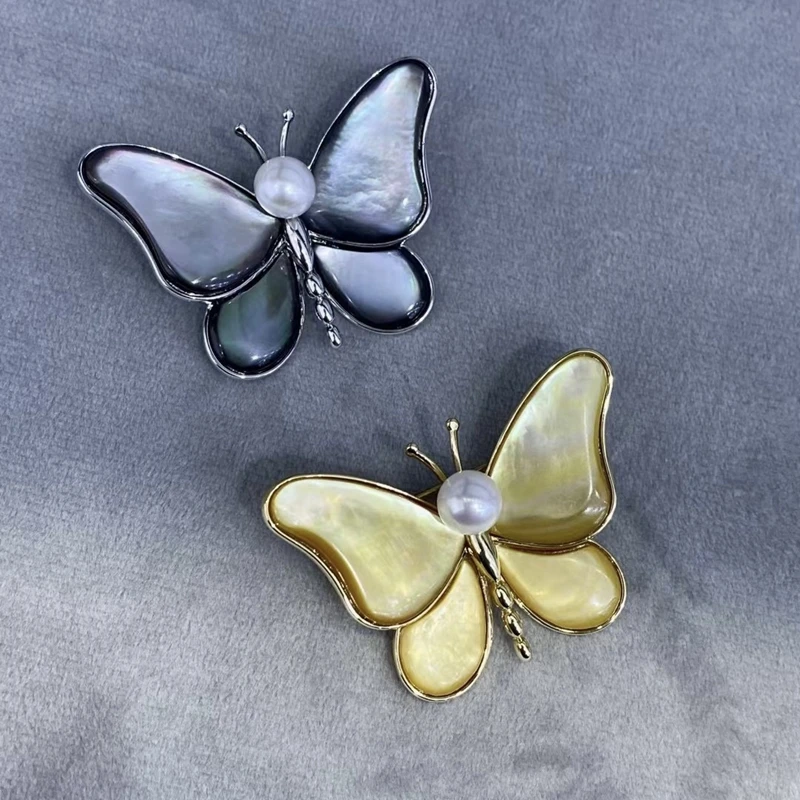 Classic Butterfly Series Natural Freshwater Pearl Brooch Black Butterfly Shell Yellow Fritillaria Simple and Exquisite Gift