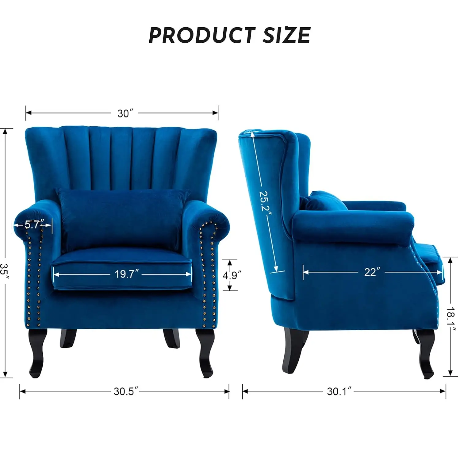 Velvet Wingback Accent Armchair Tufted Midcentury Modern Comfy Corner Club Chair Living Room Bedroom Reception Blue, Customized