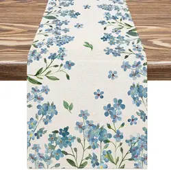 Blue Flower Table Runner Linen Table Runner Wedding Party Decoration Spring Watercolor Floral Table Runners Dresser Scarf  Decor