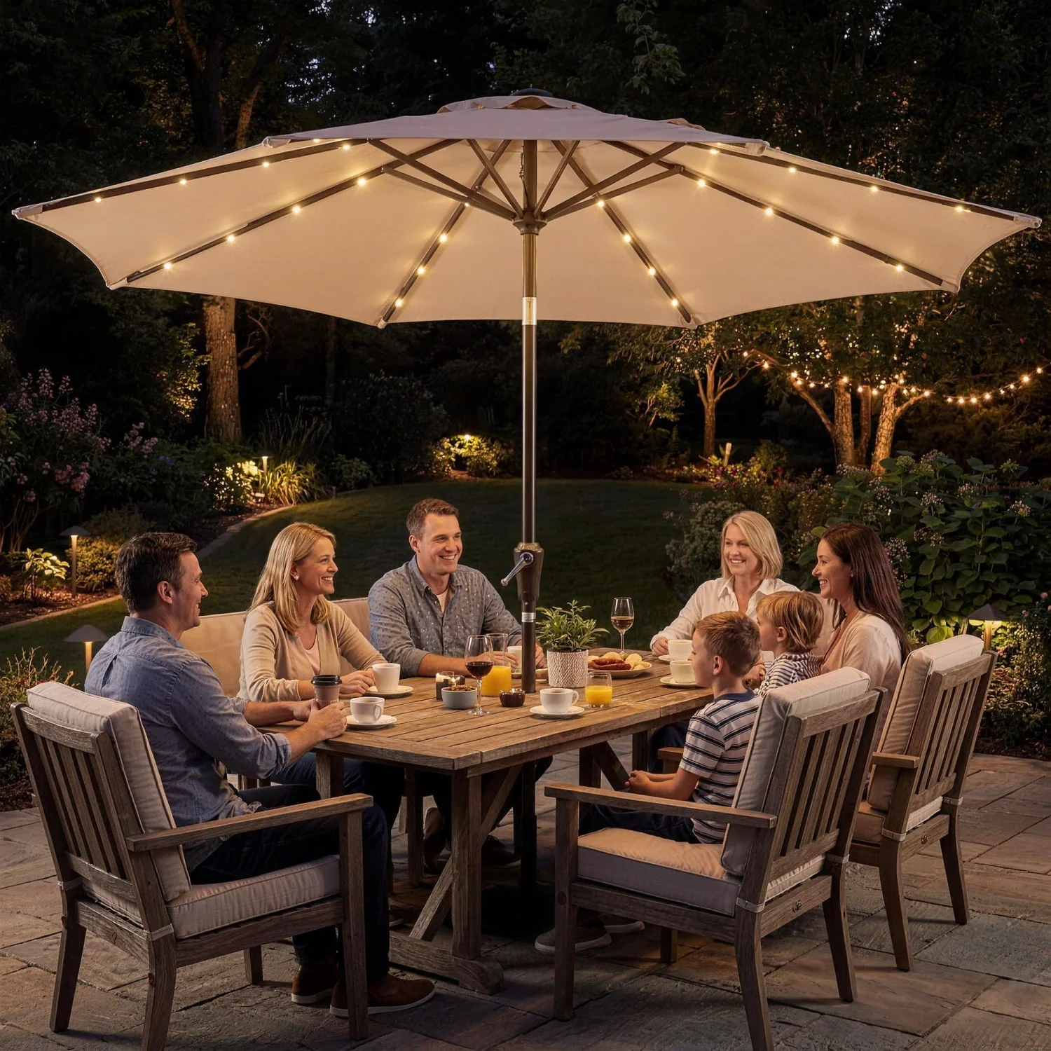 9FT/10FT Solar LED Patio Umbrella, Lighted Outdoor Market Umbrella with 32 Lights, Easy Crank & Tilt, 8 Heavy-Duty Iron Ribs Sun Shade for Garden, Deck, Backyard, Pool