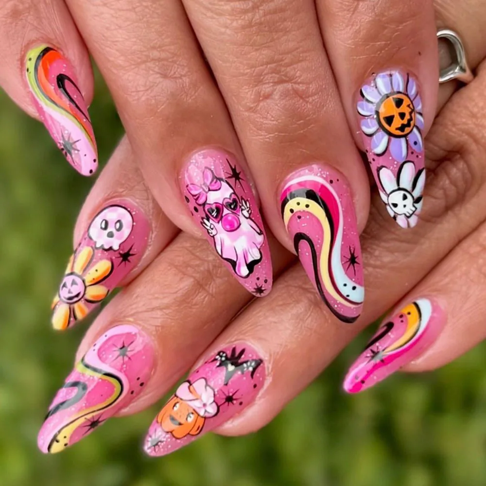 ملصقات منقوشة خماسية الأبعاد - عباد الشمس الأصفر، البوم الوردي والأرجواني، خطوط الأفعى والغربان السوداء |   للأظافر والهواتف ومستحضرات التجميل #2